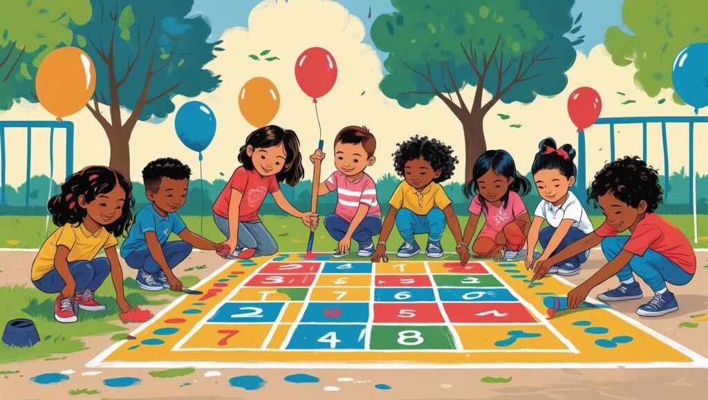 Projekt Schulhofgestaltung Kinder bemalen den Boden